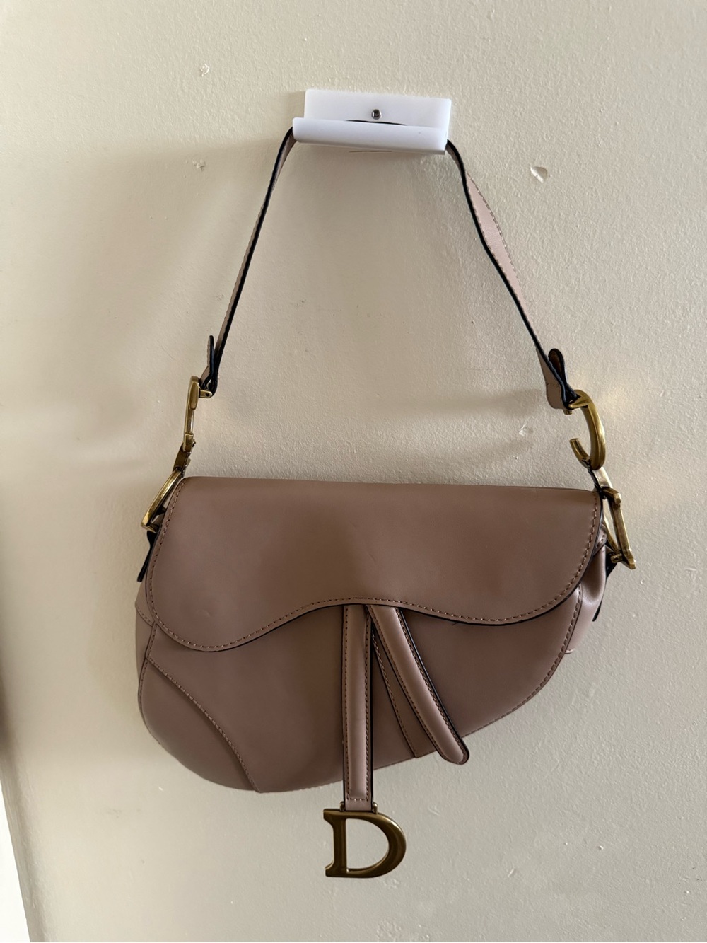 Designer-Inspired Saddle Bag in Taupe with Gold 'D' Charm